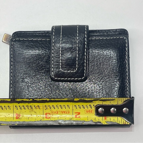 Fossil Genuine Leather Small Trifold Wallet Black White Stitch Snap Coin Purse - Picture 9 of 10